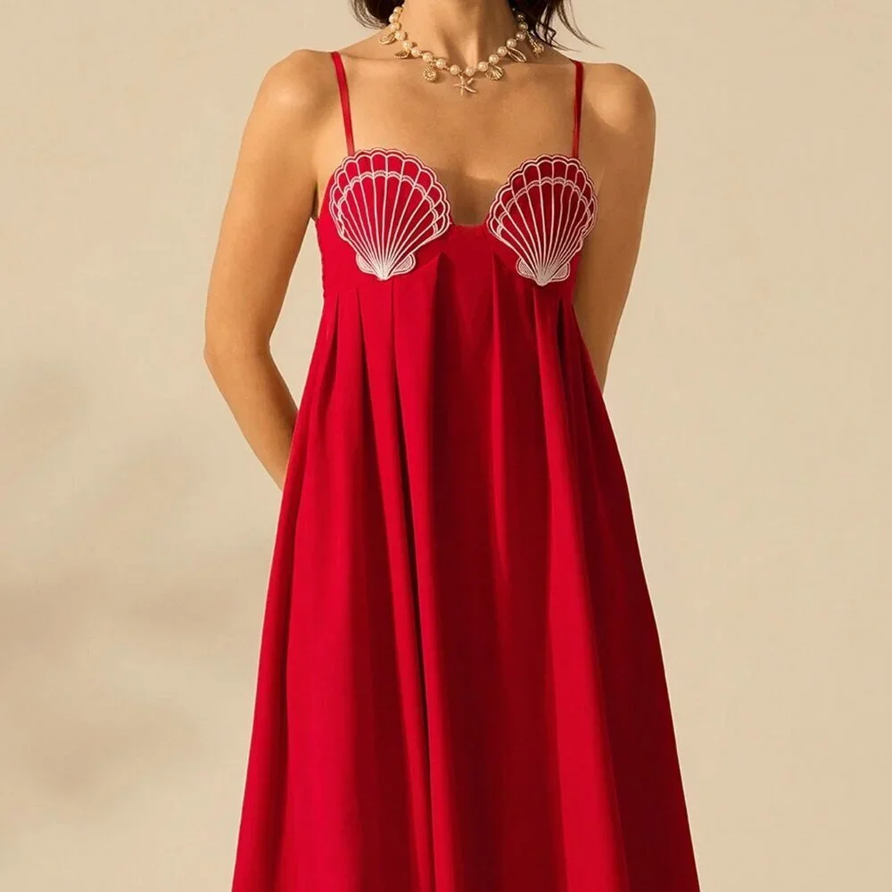 Red Casual A-Line Women's Seashell Embroidery Beach Party Sun Dress - Picture 4 of 7
